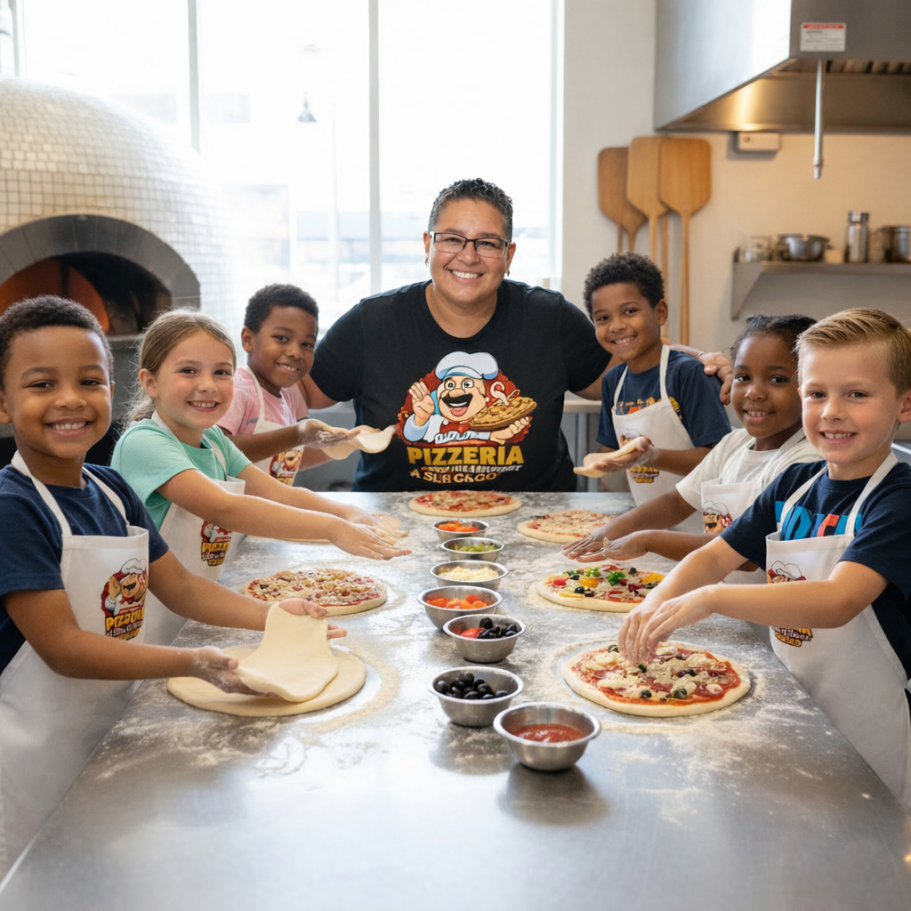 A smiling instructor and kids making pizza together in a kitchen.
