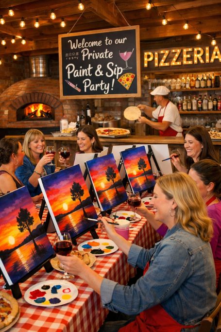 Adult Paint & Sip Events Group of people painting sunset scenes in a pizzeria setting with festive decorations.