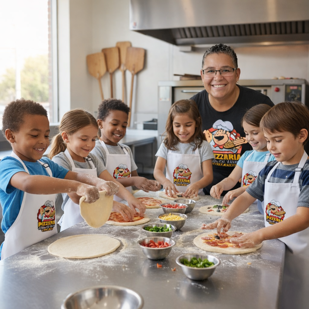 Children making pizzas in a bright kitchen, smiling and enjoying the cooking activity.