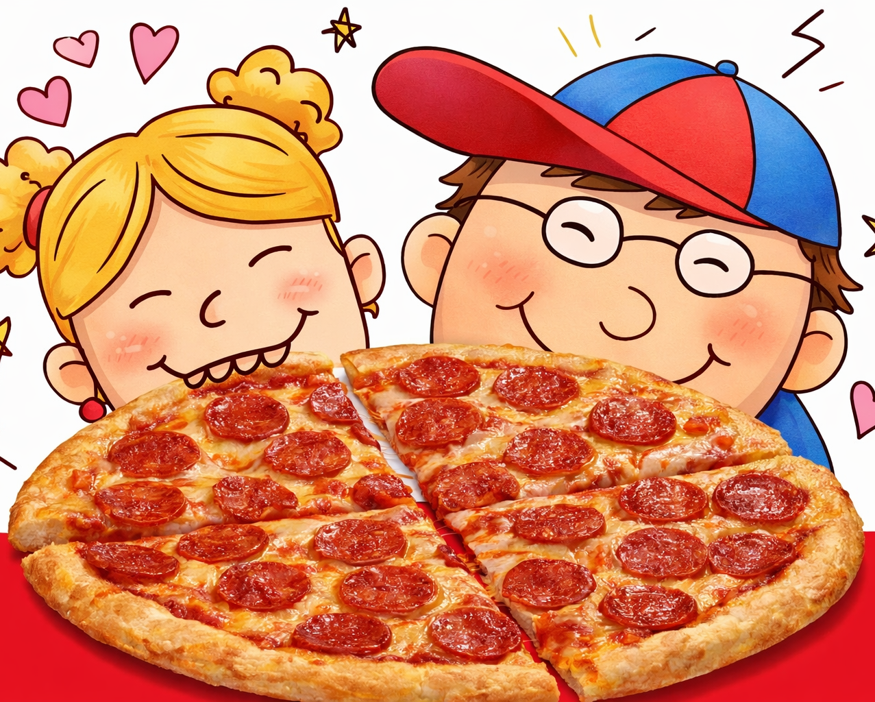 Two cartoon kids smiling with a large pepperoni pizza in front of them.