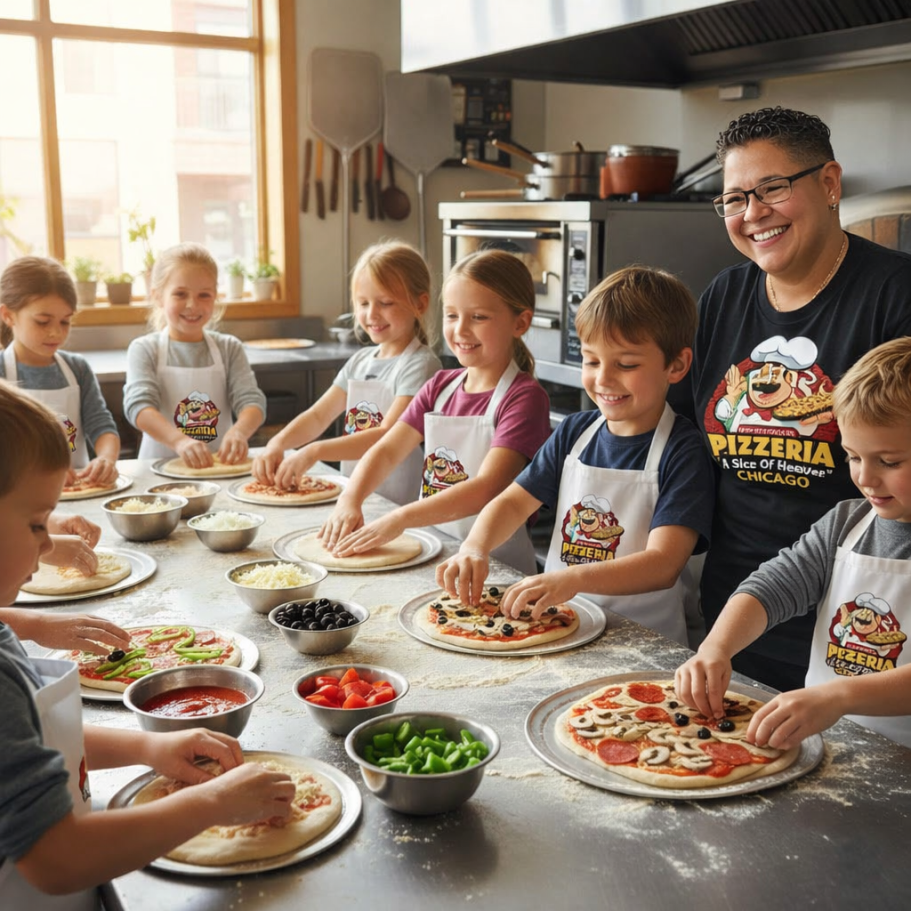 Children and an adult making pizzas together in a sunny kitchen.