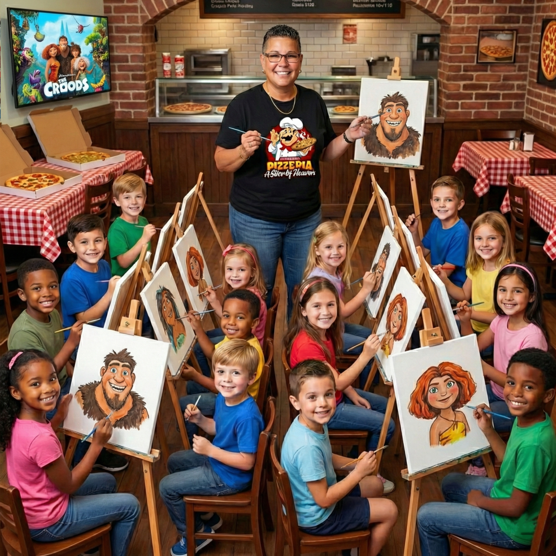 Kids Movie Night at A Slice Of Heaven Chicago A diverse group of children and an instructor in an art class, each holding painted portraits.